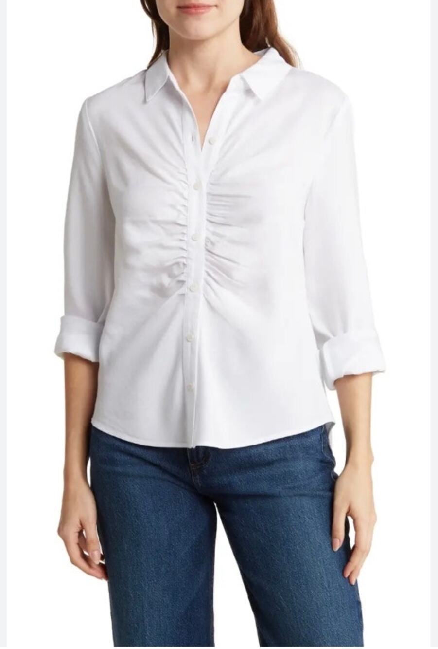 DR2 Classic White Ruched long Sleeve Blouse XL Librarian Chic Modern Office
